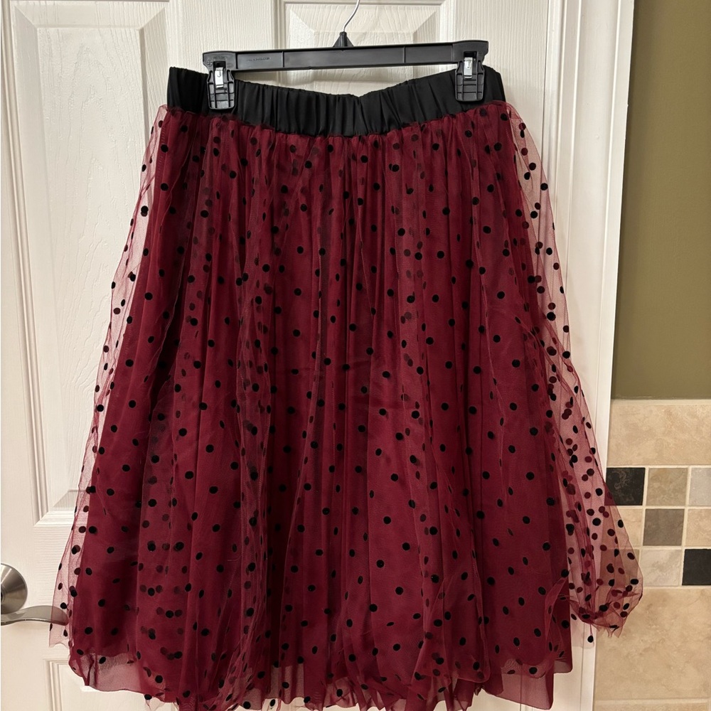 Draper James Burgundy and Black Polka Dot A-Line Skirt